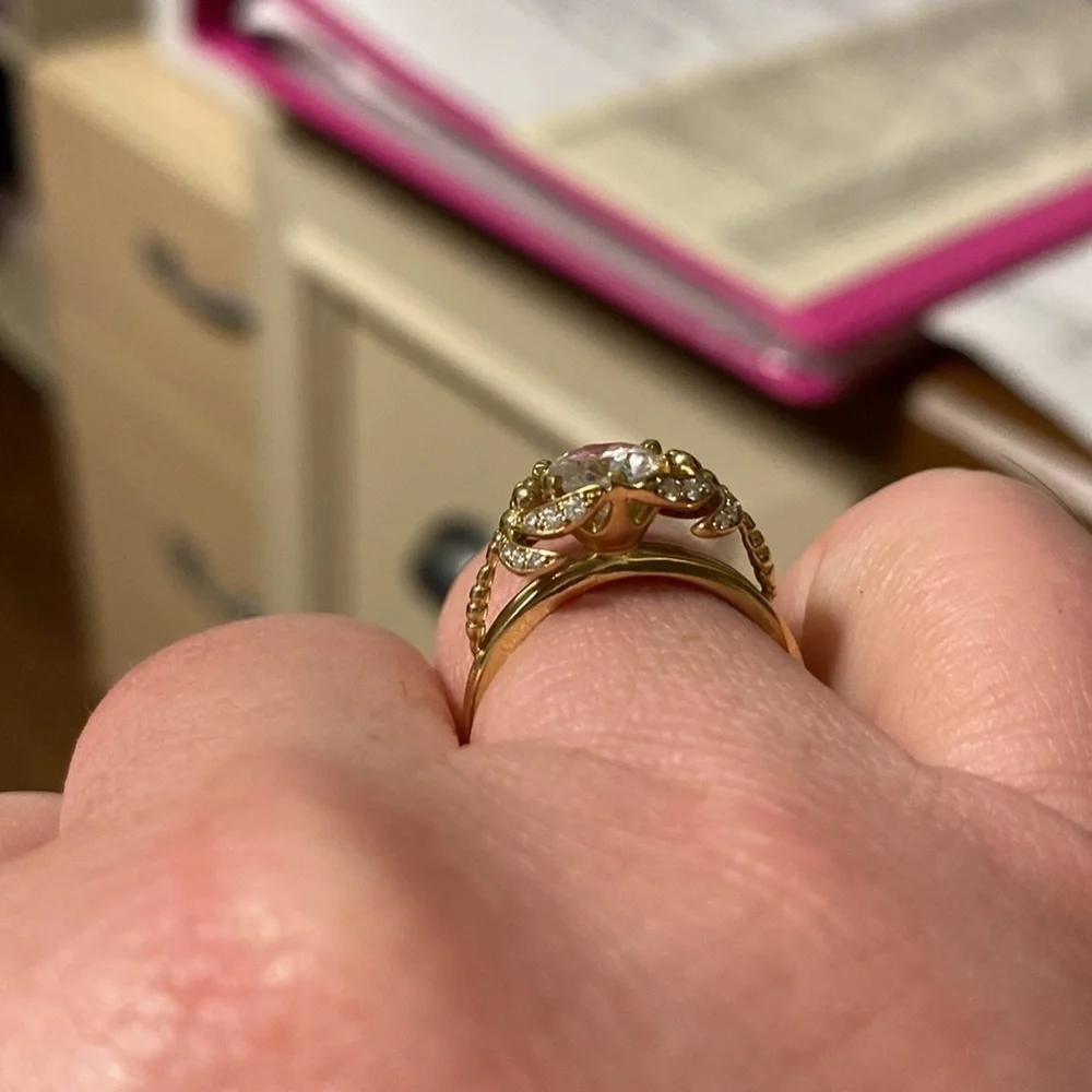10kt yellow gold and moissanite dragonfly ring.